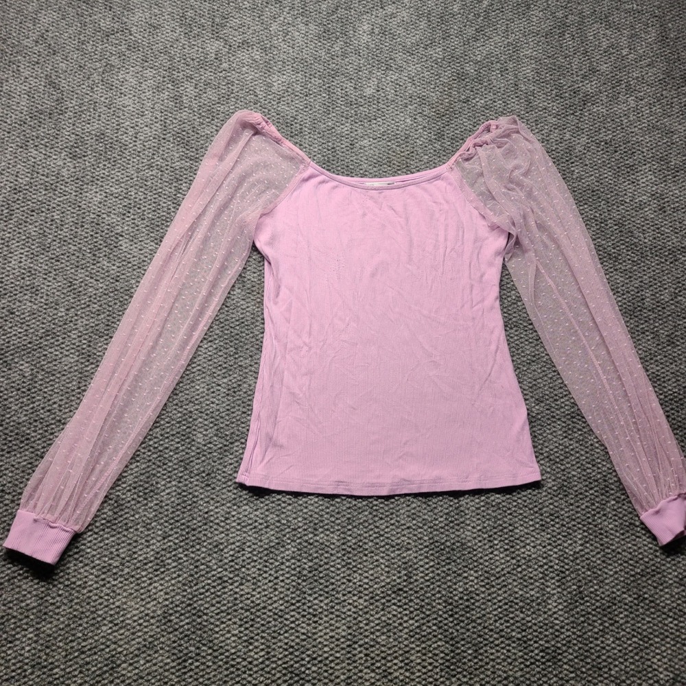 Dorose Womens Lilac Ribbed Swiss Dot Sheer Mesh Sleeve Scoop Neck Top Size M